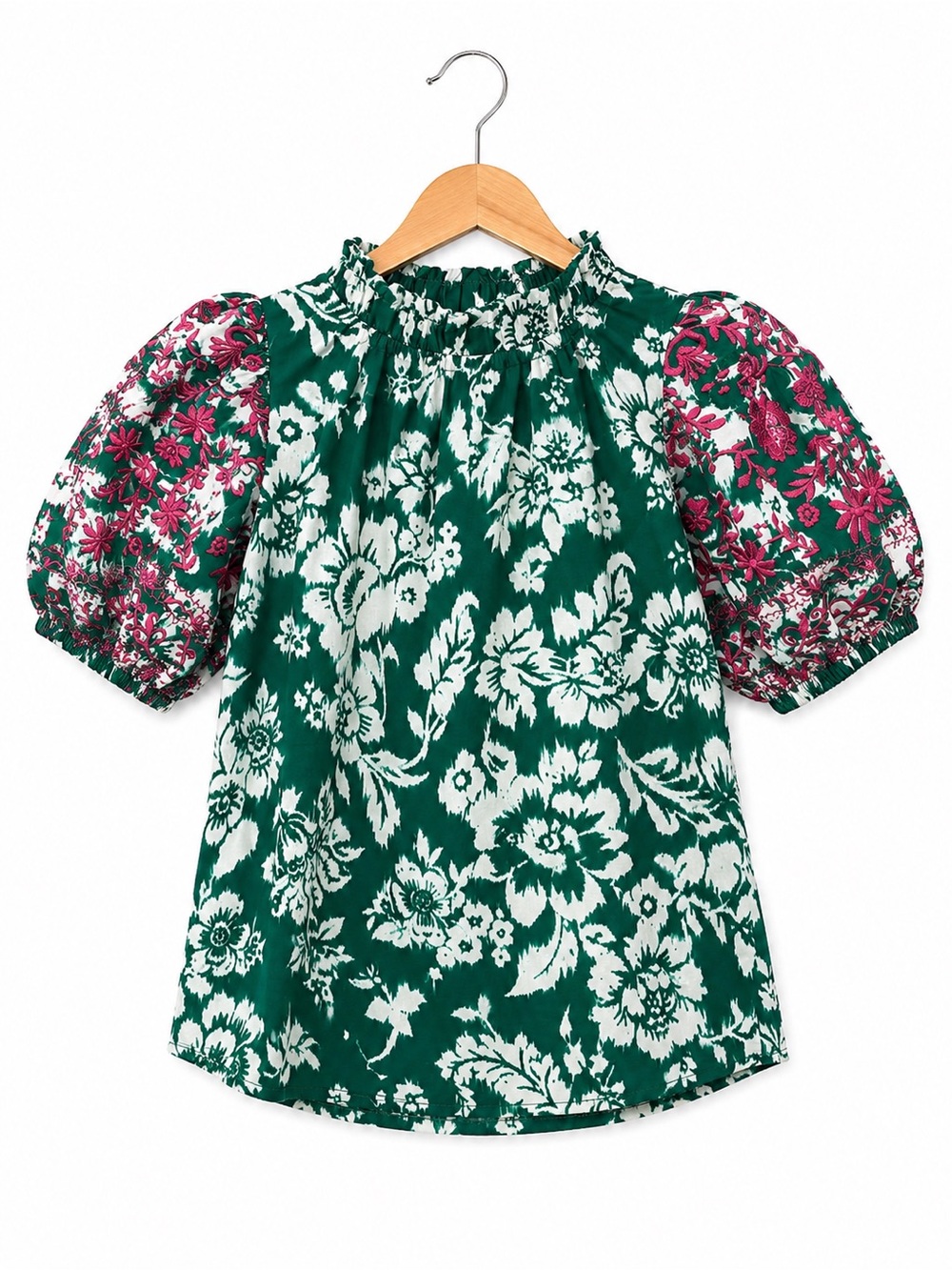 Periwinkle Green Floral Puff-Sleeve Tunic with Pink Embroidered Sleeves
